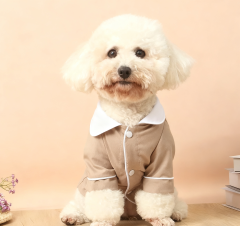 Beige Contrast Piping Dog Pajama Set