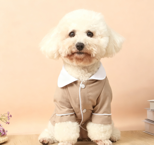 Beige Contrast Piping Dog Pajama Set