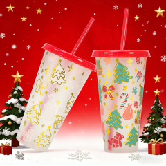 24oz Gold Stamping Christmas Color Changing Cup | Reusable Plastic Tumbler
