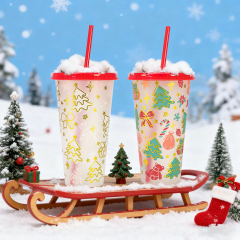 24oz Gold Stamping Christmas Color Changing Cup | Reusable Plastic Tumbler