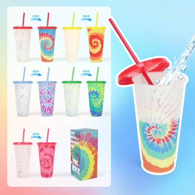 Custom Rainbow Tie Dye Color Changing Plastic Tumblers