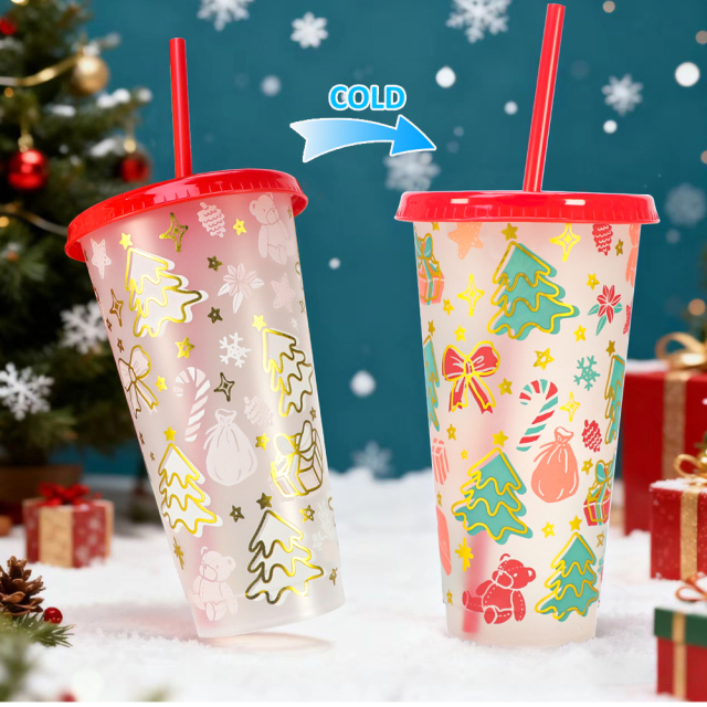 24oz Gold Stamping Christmas Color Changing Cup | Reusable Plastic Tumbler