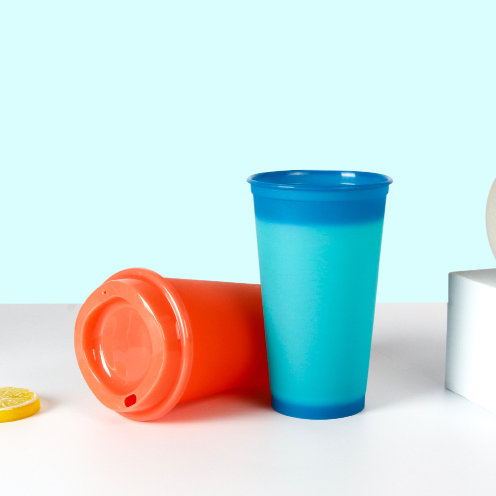 Bulk color to color cold activated stadium cup transforming from yellow to green with ice water