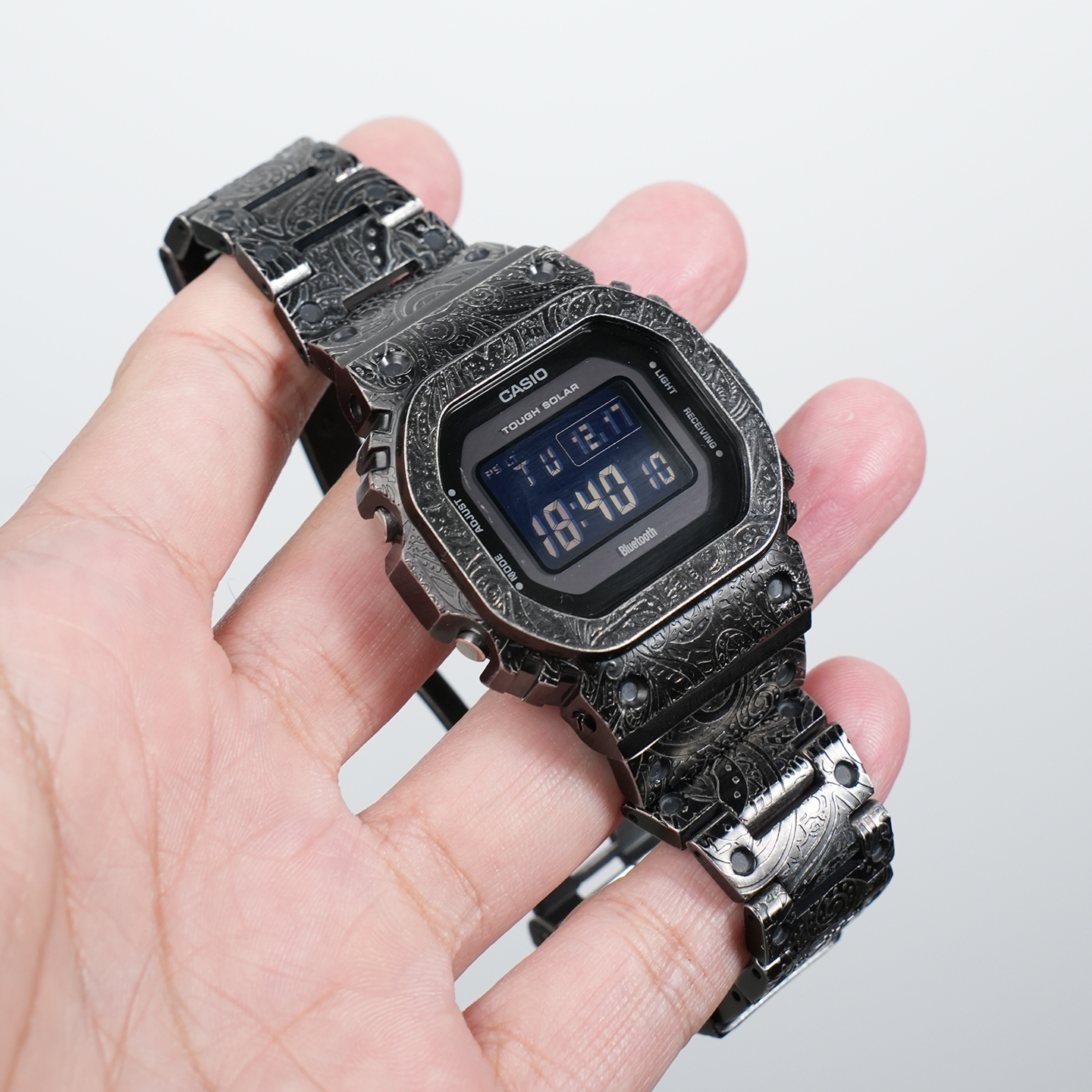 Custom-Fit Stainless Steel Strap + Case for Casio DW5600 GW-M5610 Square Watch with Cashew Flower and Paisley Pattern