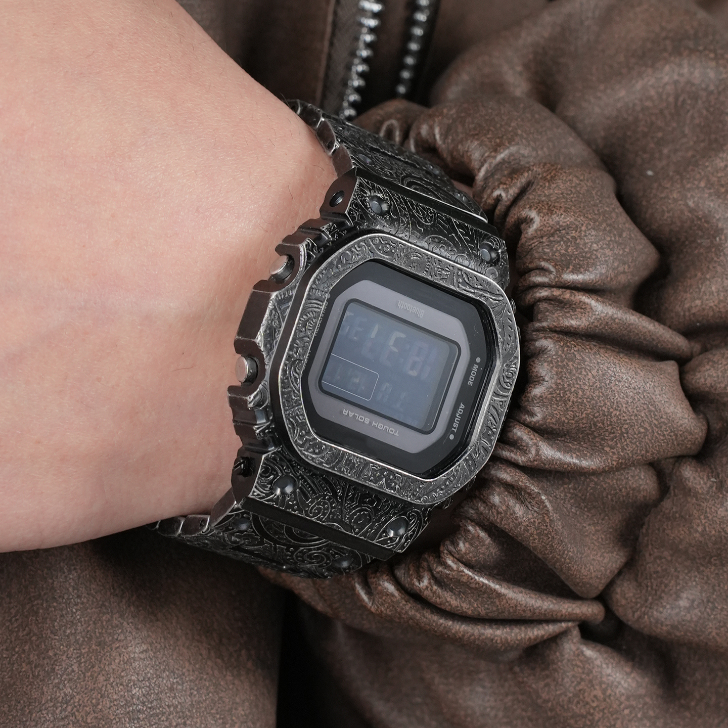 Custom-Fit Stainless Steel Strap + Case for Casio DW5600 GW-M5610 Square Watch with Cashew Flower and Paisley Pattern