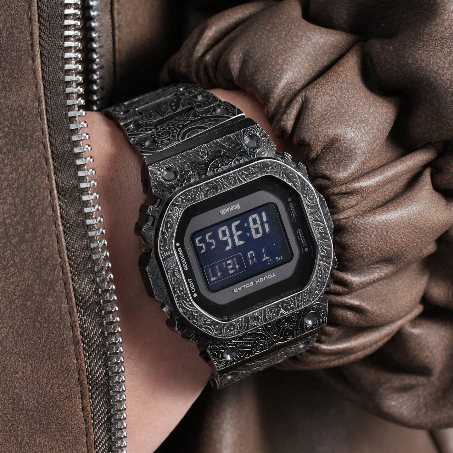 Custom-Fit Stainless Steel Strap + Case for Casio DW5600 GW-M5610 Square Watch with Cashew Flower and Paisley Pattern