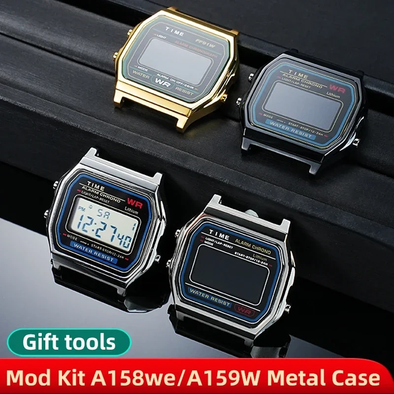 A158/159 metal case mod kit For Casio electronic watch 593 A158W A159W F-91W Silver stainless steel bezel strap glass Tool parts