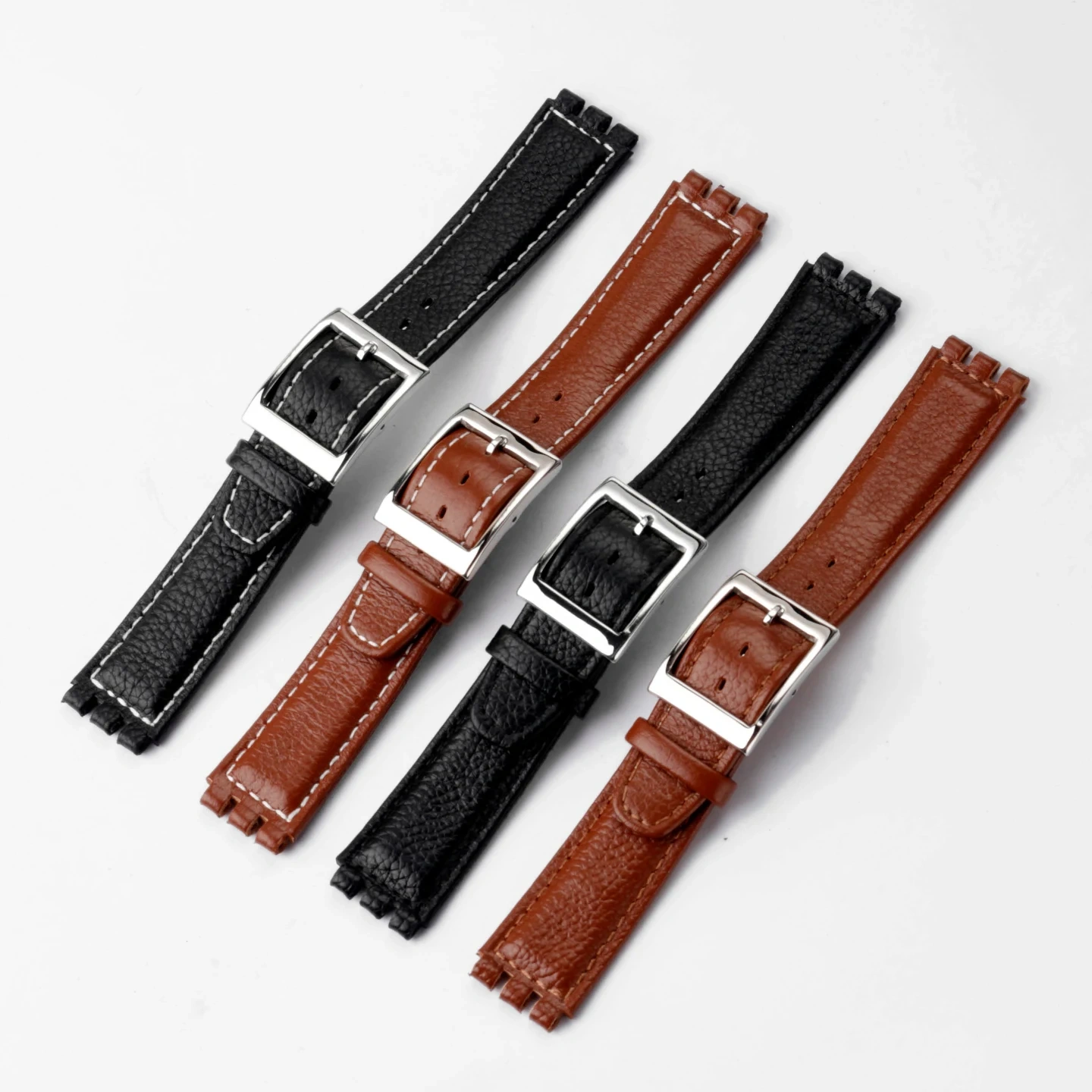Replacement Genuine Leather Strap for Swatch GB274 GB287 GN239, 17mm Cowhide Band with Pebble Grain Texture & Grooved Ends