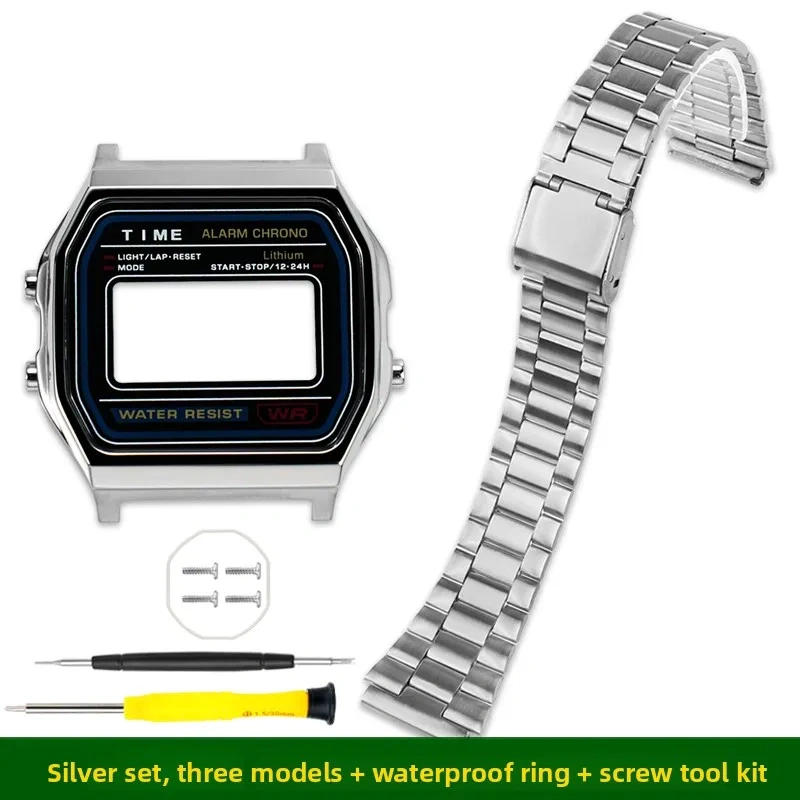 A158/159 metal case mod kit For Casio electronic watch 593 A158W A159W F-91W Silver stainless steel bezel strap glass Tool parts