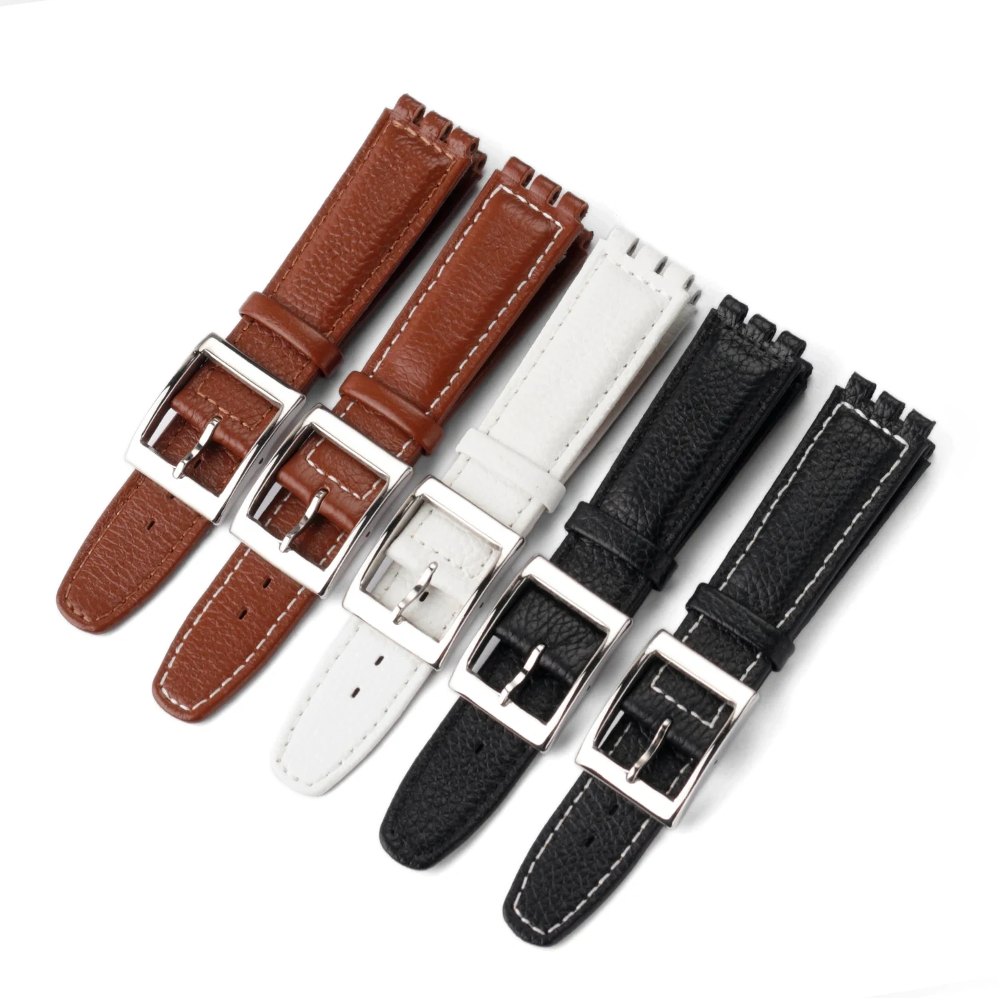 Replacement Genuine Leather Strap for Swatch GB274 GB287 GN239, 17mm Cowhide Band with Pebble Grain Texture & Grooved Ends