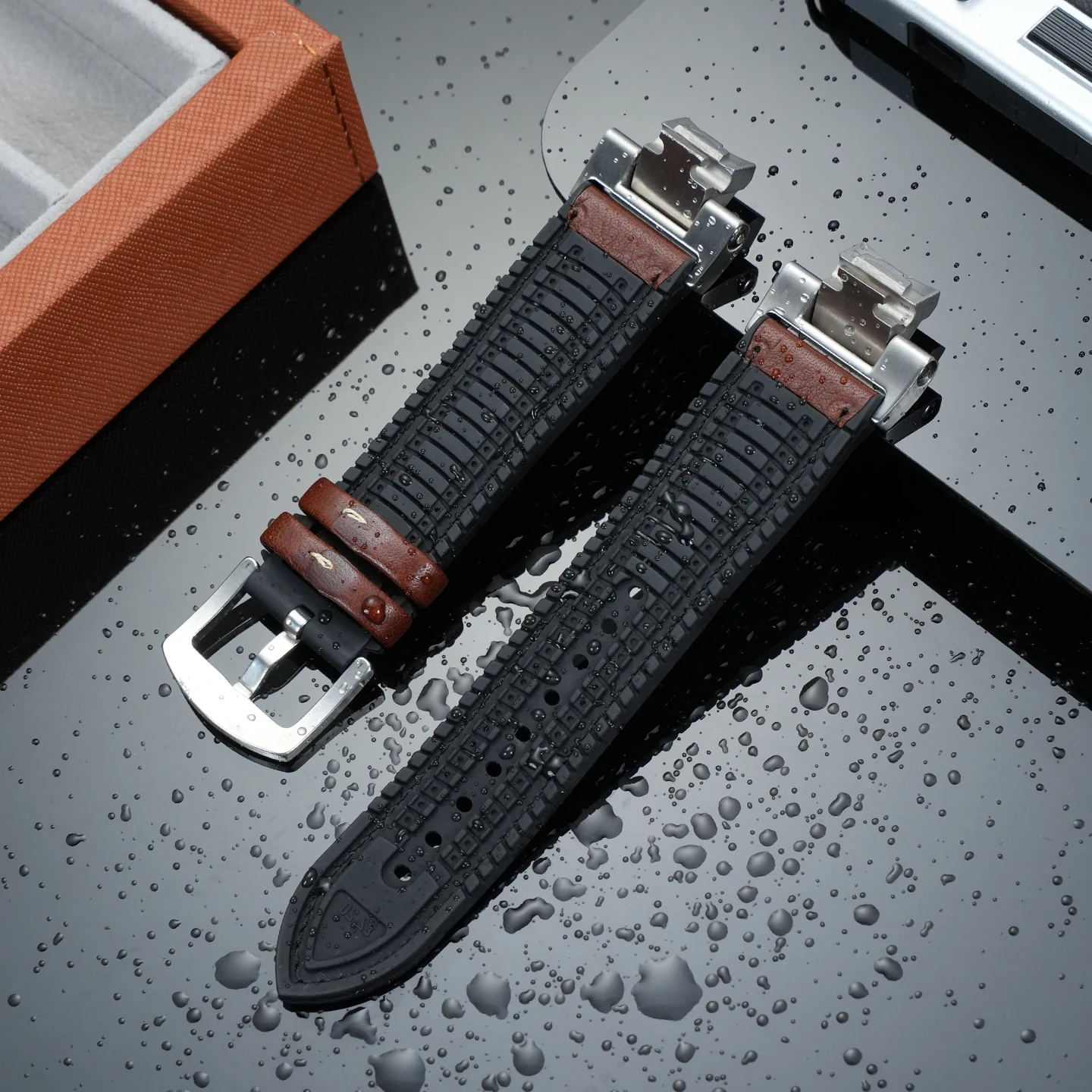 DIY Replacement Italian Leather & Rubber Hybrid Strap for Casio G-Shock GST-B400D 'Iron Heart', Waterproof Conversion Band