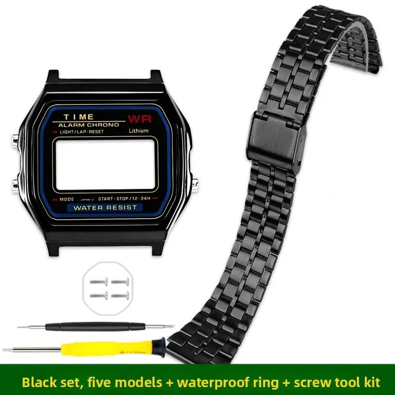 A158/159 metal case mod kit For Casio electronic watch 593 A158W A159W F-91W Silver stainless steel bezel strap glass Tool parts