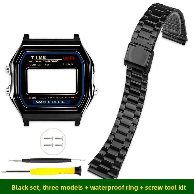 A158/159 metal case mod kit For Casio electronic watch 593 A158W A159W F-91W Silver stainless steel bezel strap glass Tool parts