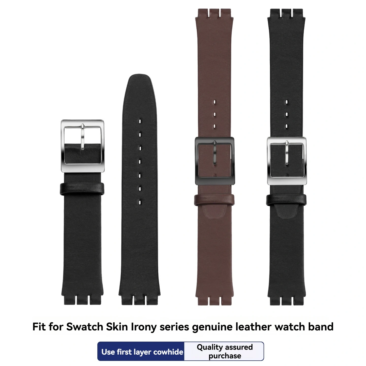 Replacement Genuine Leather Strap for Swatch GB274 GN239 GB294 GB287, 17mm Cowhide Band with Grooved Ends and Pin Buckle
