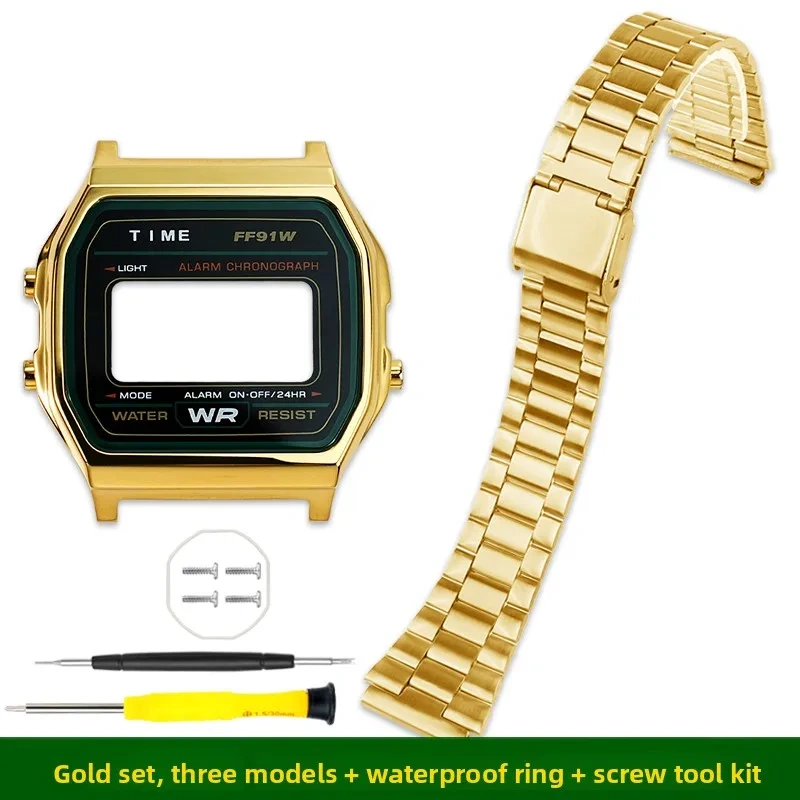 A158/159 metal case mod kit For Casio electronic watch 593 A158W A159W F-91W Silver stainless steel bezel strap glass Tool parts