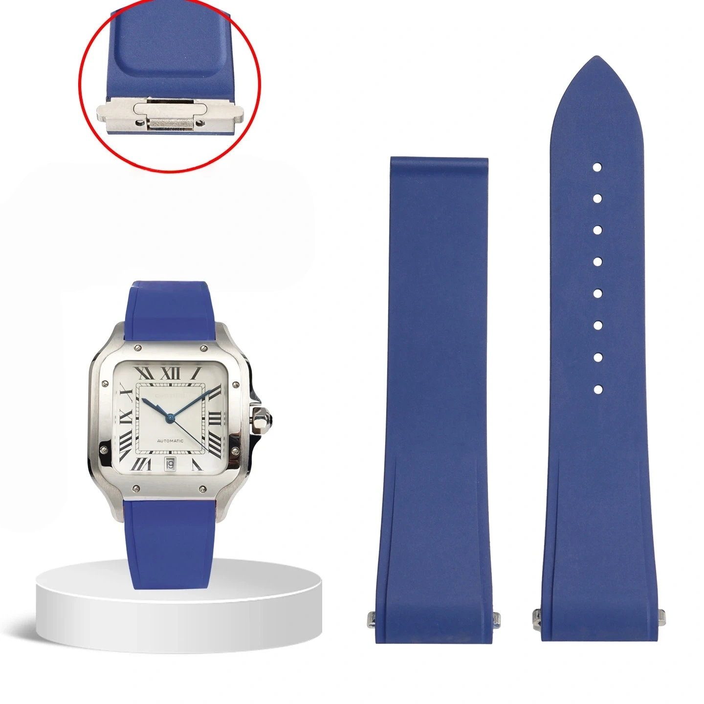 Fit For Cartier Santos Large Medium Size FKM Rubber Watch Strap With Original Steel End Linking 19mm 21mm WatchBand