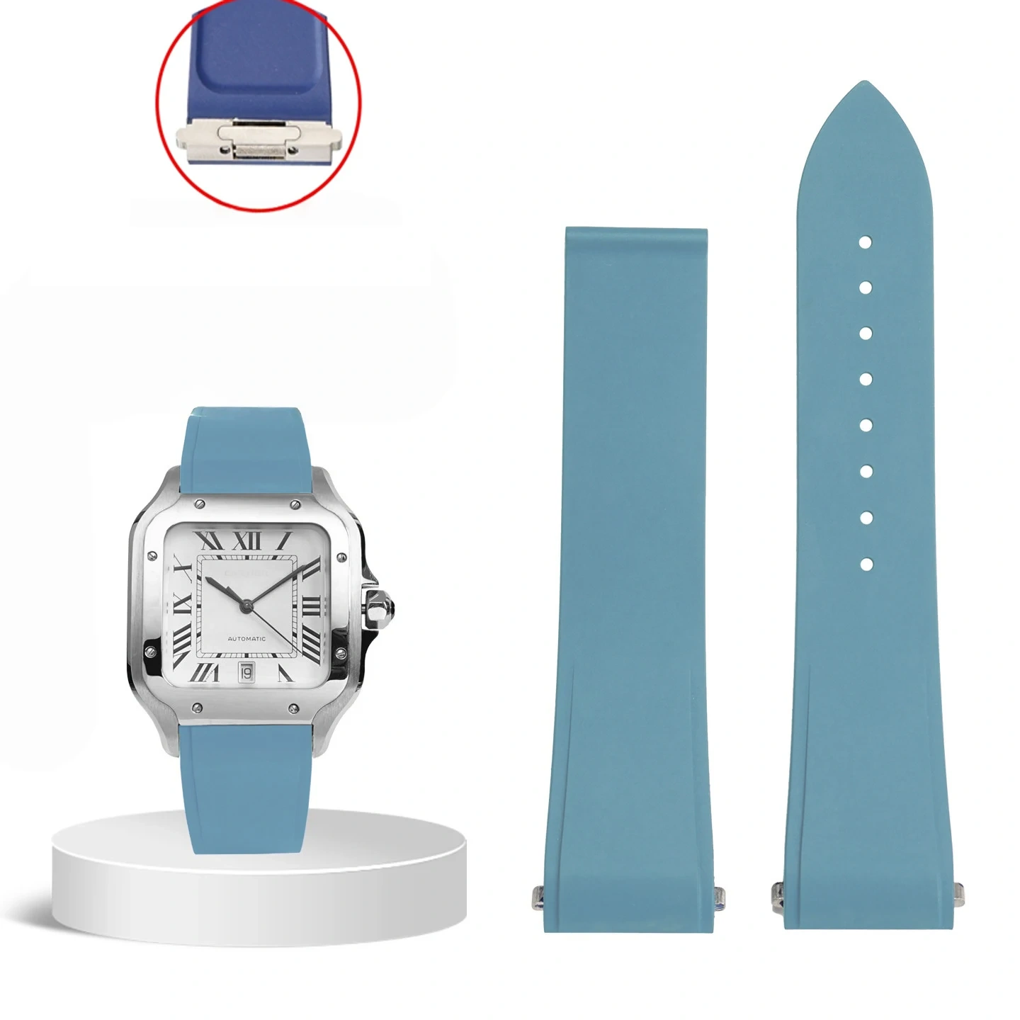Fit For Cartier Santos Large Medium Size FKM Rubber Watch Strap With Original Steel End Linking 19mm 21mm WatchBand