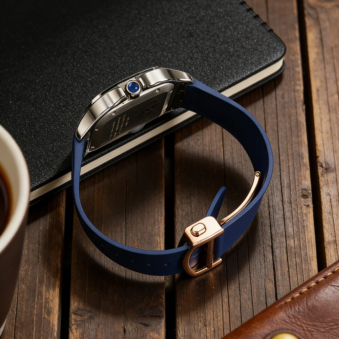 Fit For Cartier Santos Large Medium Size FKM Rubber Watch Strap With Original Steel End Linking 19mm 21mm WatchBand