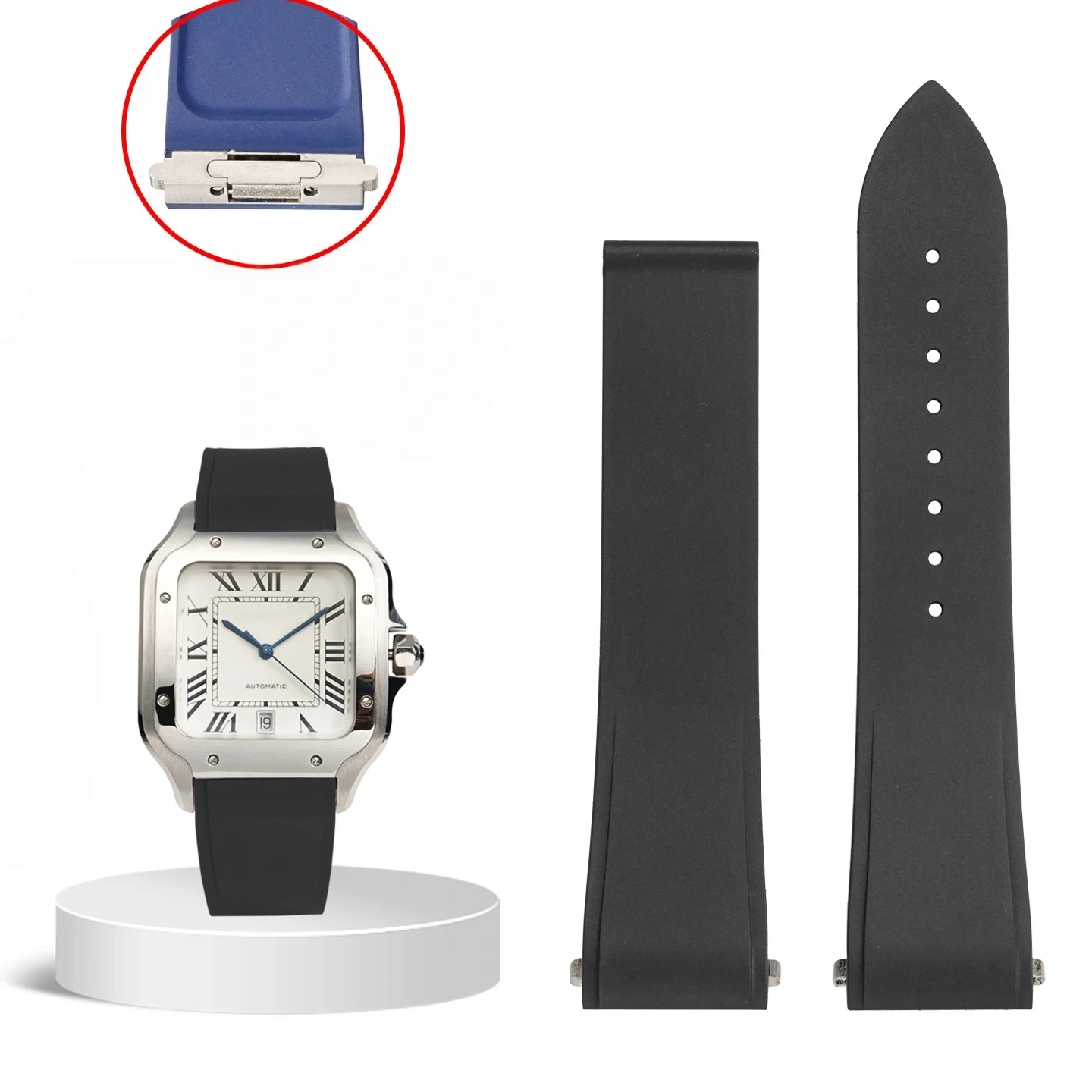 Fit For Cartier Santos Large Medium Size FKM Rubber Watch Strap With Original Steel End Linking 19mm 21mm WatchBand