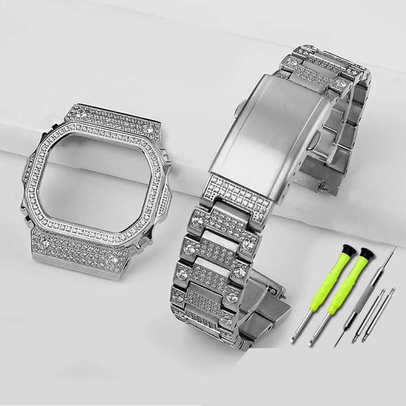 For Casio Watchband Advanced Retrofit Diamond Case Bracelet Stainless Steel WatchStrap DW5600/5610 GMW-B5000 Metal Wristband