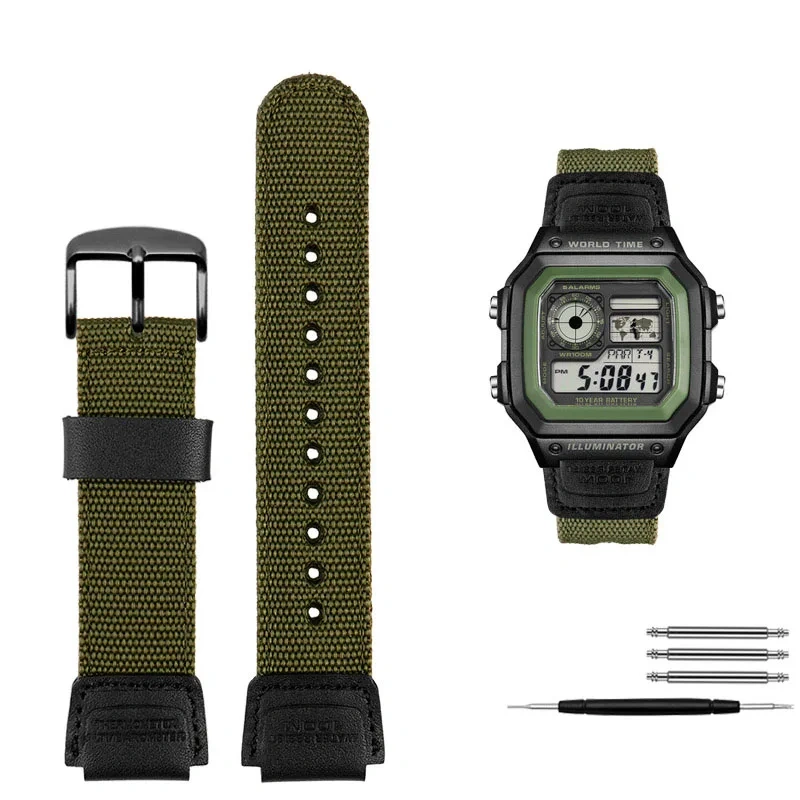 For Casio AE-1200 1100 SGW-300/400 A158WA woven Men‘s Bracelet Cow leather canvas Watchband 18mm waterproof nylon watch strap