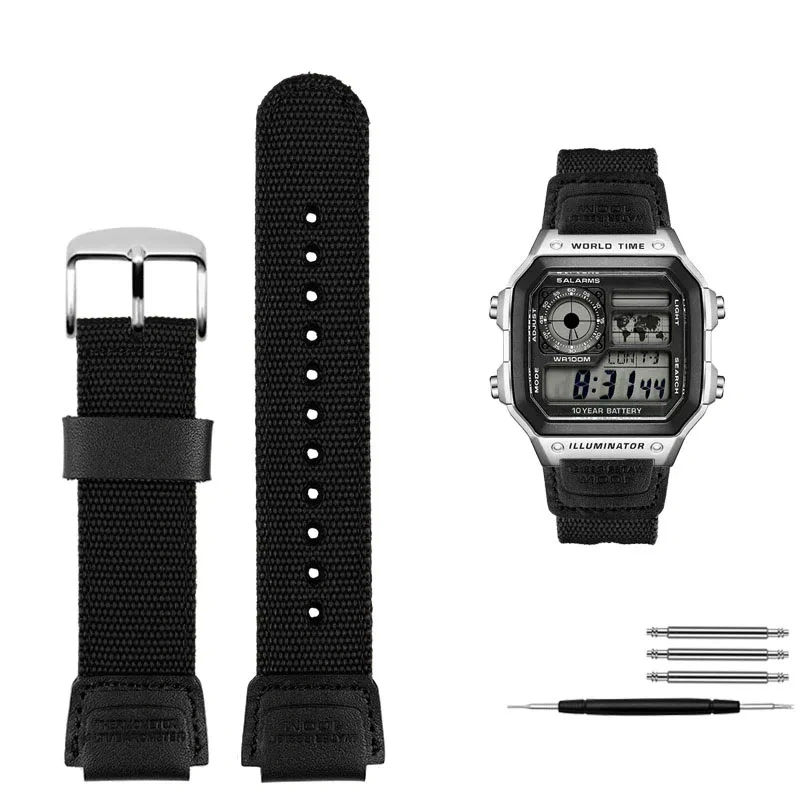 For Casio AE-1200 1100 SGW-300/400 A158WA woven Men‘s Bracelet Cow leather canvas Watchband 18mm waterproof nylon watch strap