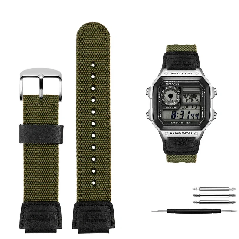 For Casio AE-1200 1100 SGW-300/400 A158WA woven Men‘s Bracelet Cow leather canvas Watchband 18mm waterproof nylon watch strap