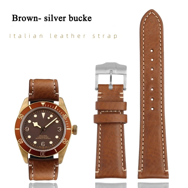 High Quality 22mm Strap Brown Vintage Retro Italy Genuine Leather Bracelet For Tudor Watch Band Butterfly Buckle Belt Wristband