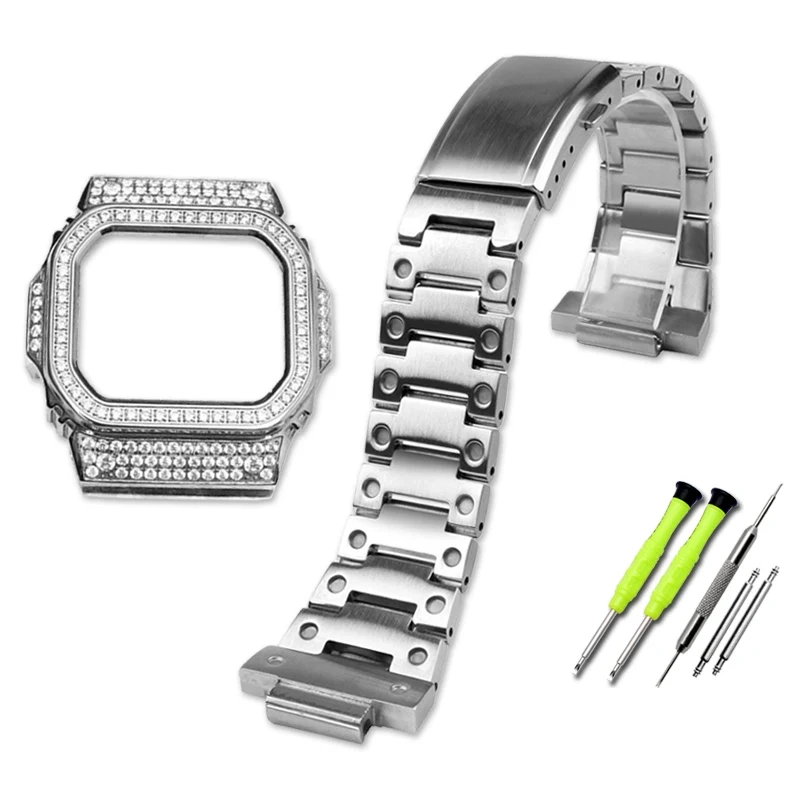 For Casio Watchband Advanced Retrofit Diamond Case Bracelet Stainless Steel WatchStrap DW5600/5610 GMW-B5000 Metal Wristband