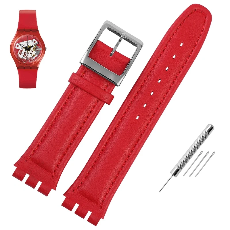Genuine Leather Watchband For Swatch watch band 17mm 19mm Cowhide Watch Strap Red Black Bracelet Women and Men Watch accessorie