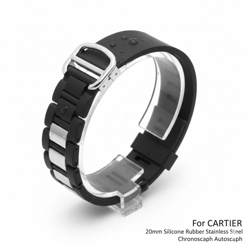 Replacement Silicone Steel Strap for Cartier Must 21 Chronoscaph Autoscaph 20*10mm Black Watch Band Accessories