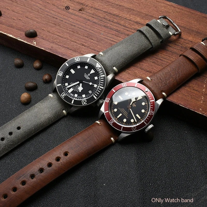 For TUDOR Seiko Hamilton Longines Citizen Watchband High Quality Cowhide Men's Wristband Vintage Brown Watch Strap 20MM Bracelet