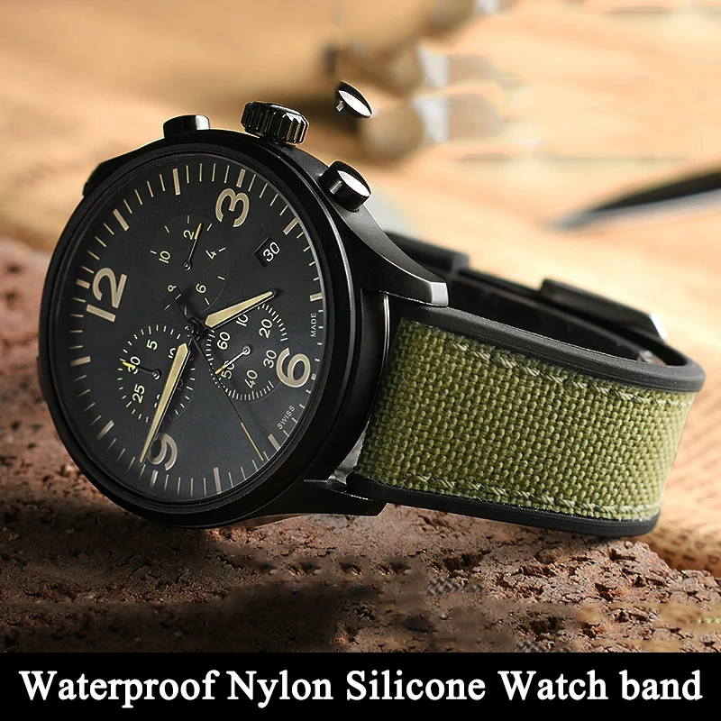 men's band For Timex Citizen AW5005 IWC Seiko Longines green nylon Rubber watchband leather cowhide silicone bottom watch strap