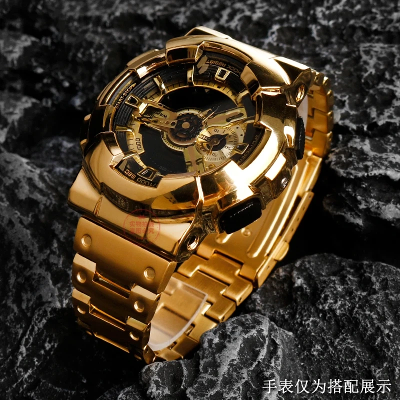 GA110 For G-SHOCK Casio GA-110GB/100/120 Black Warrior Modified Stainless Steel Metal Case wristband Bracelet Men Gold Watch Set