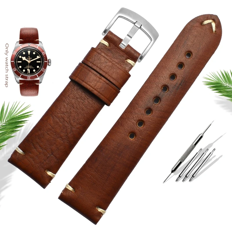 For TUDOR Seiko Hamilton Longines Citizen Watchband High Quality Cowhide Men's Wristband Vintage Brown Watch Strap 20MM Bracelet