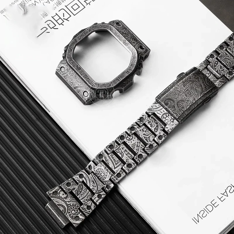 For Casio DW5000 DW-5600 5610 GMW-B5600 Bezel 316L Metal Strap Men Vintage Paisley Stainless Steel modified Watchband Watcg Case