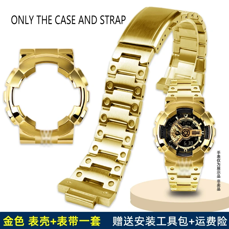 GA110 For G-SHOCK Casio GA-110GB/100/120 Black Warrior Modified Stainless Steel Metal Case wristband Bracelet Men Gold Watch Set