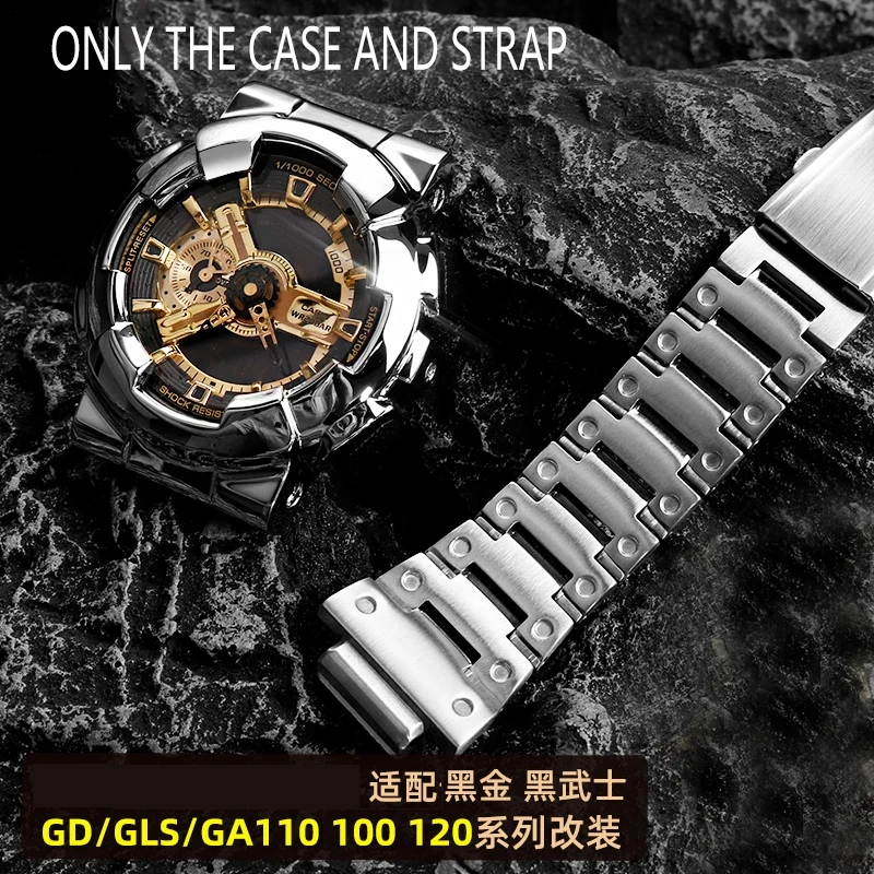 GA110 For G-SHOCK Casio GA-110GB/100/120 Black Warrior Modified Stainless Steel Metal Case wristband Bracelet Men Gold Watch Set
