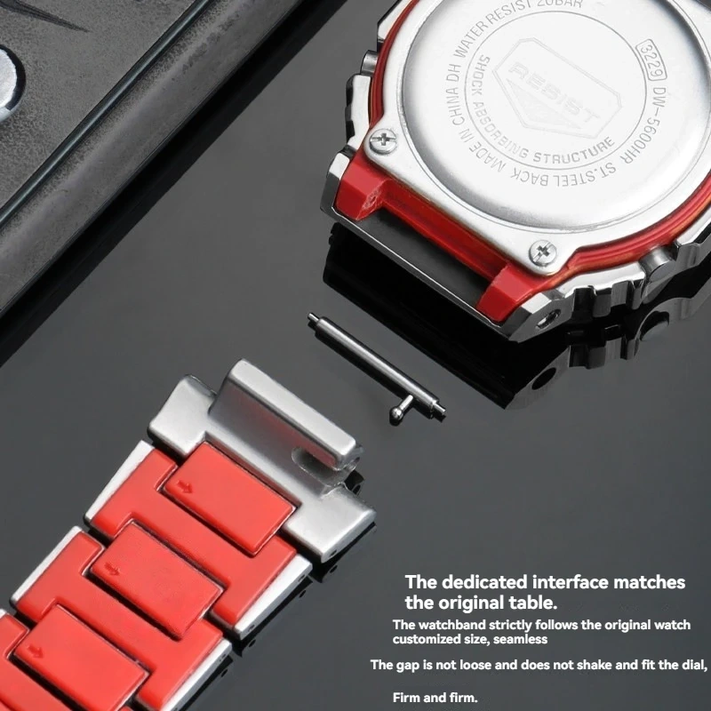 DW-5600 Stainless Steel Strap+Metal Case For Casio G-SHOCK DW5600 GW-B5600 GW-M5610 series Modified Red Bottom Watchband men's