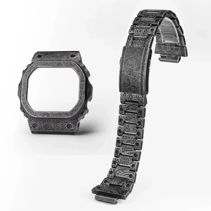 For Casio DW5000 DW-5600 5610 GMW-B5600 Bezel 316L Metal Strap Men Vintage Paisley Stainless Steel modified Watchband Watcg Case
