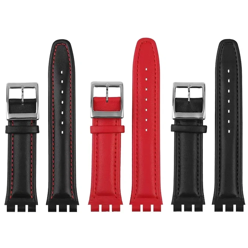 Genuine Leather Watchband For Swatch watch band 17mm 19mm Cowhide Watch Strap Red Black Bracelet Women and Men Watch accessorie