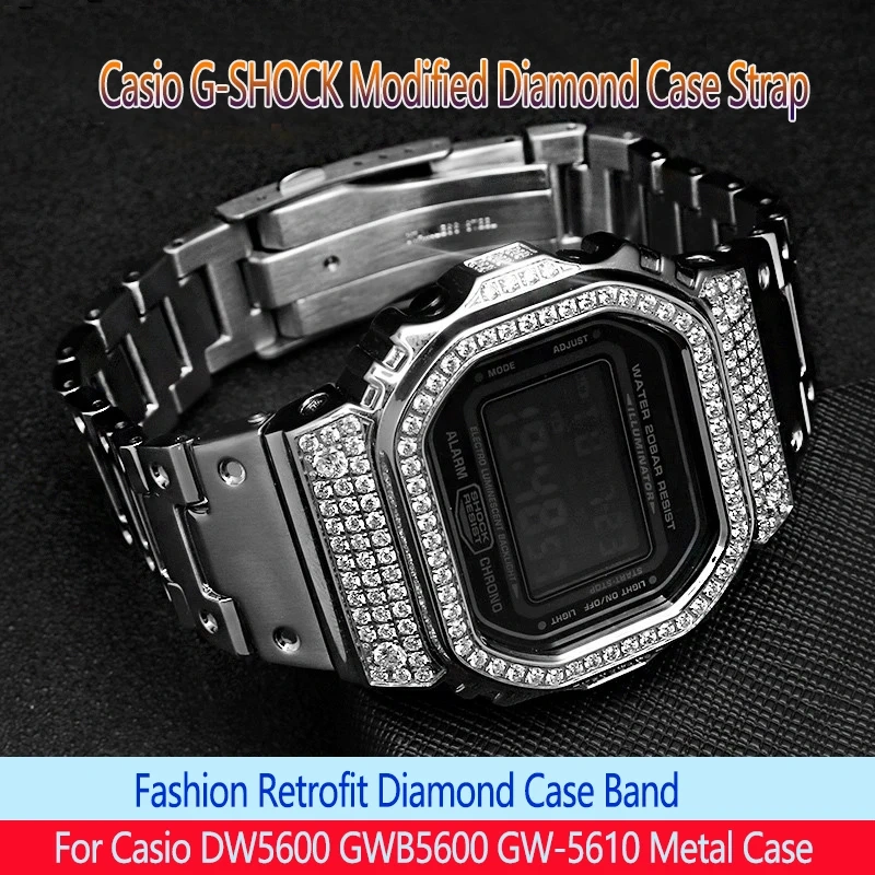 For Casio Watchband Advanced Retrofit Diamond Case Bracelet Stainless Steel WatchStrap DW5600/5610 GMW-B5000 Metal Wristband