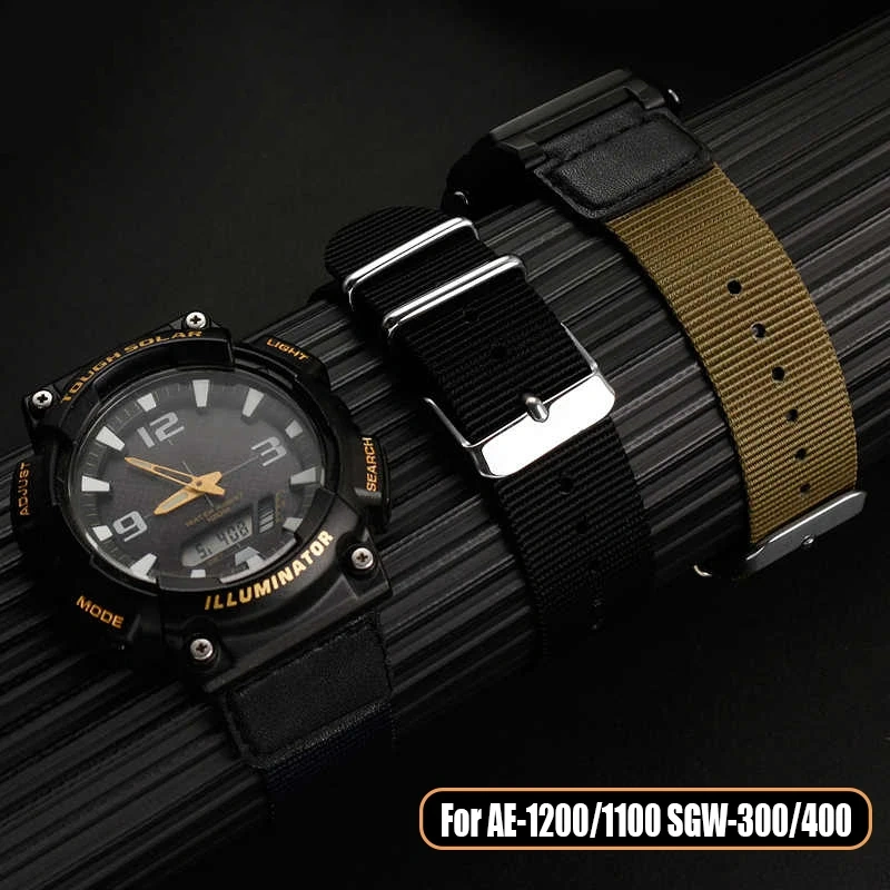 For Casio AE-1200 1100 SGW-300/400 A158WA woven Men‘s Bracelet Cow leather canvas Watchband 18mm waterproof nylon watch strap