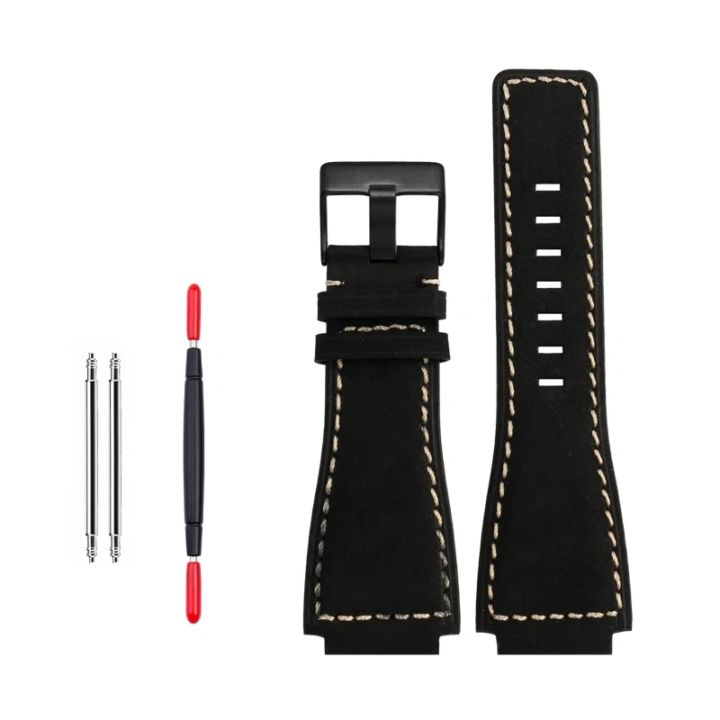 Raised Leather Watch Strap Frosted For Bell Ross Burrought BR0393 BR0392 Silicone Watchband Soft Men Cowhide Wristband 24MM