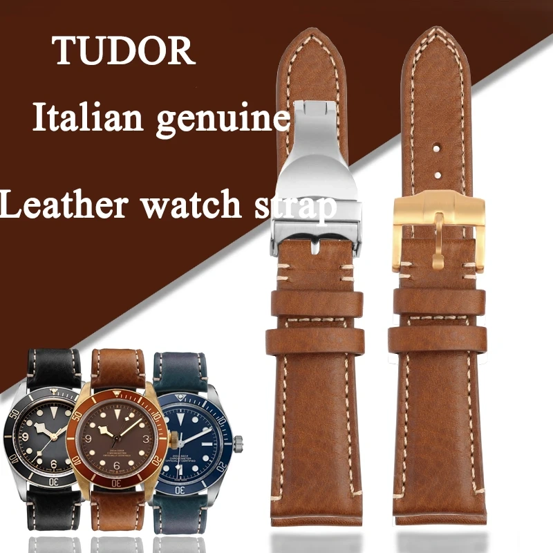 High Quality 22mm Strap Brown Vintage Retro Italy Genuine Leather Bracelet For Tudor Watch Band Butterfly Buckle Belt Wristband