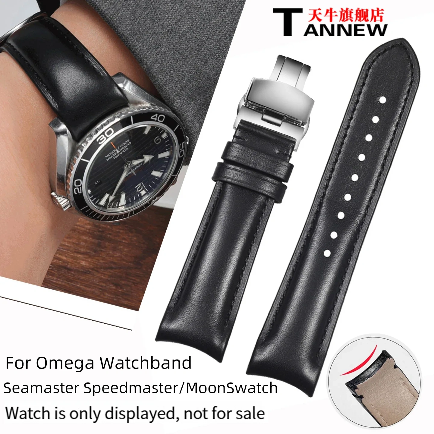 Curved End Leather Strap for Omega MoonSwatch Seamaster Speedmaster 20mm Release Genuine Leather Band accessories