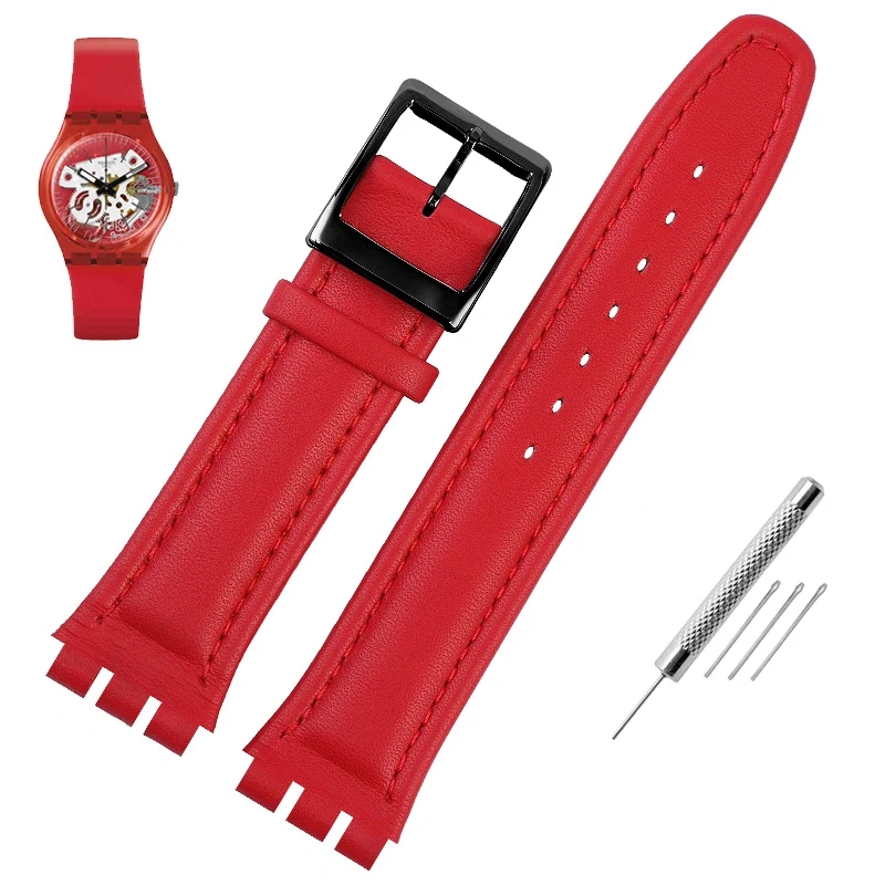 Genuine Leather Watchband For Swatch watch band 17mm 19mm Cowhide Watch Strap Red Black Bracelet Women and Men Watch accessorie