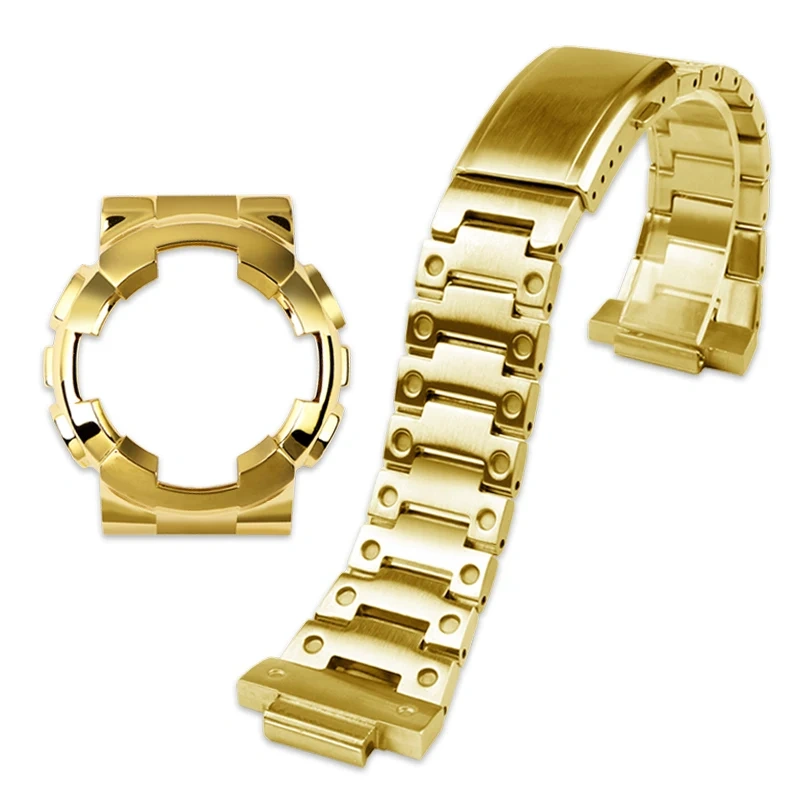 GA110 For G-SHOCK Casio GA-110GB/100/120 Black Warrior Modified Stainless Steel Metal Case wristband Bracelet Men Gold Watch Set