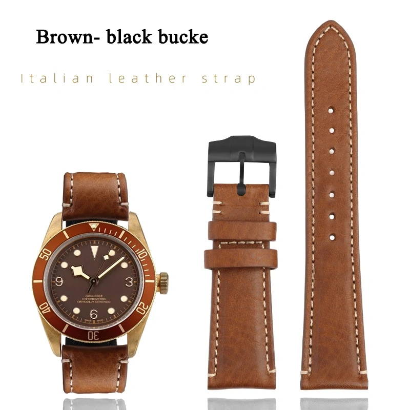 High Quality 22mm Strap Brown Vintage Retro Italy Genuine Leather Bracelet For Tudor Watch Band Butterfly Buckle Belt Wristband