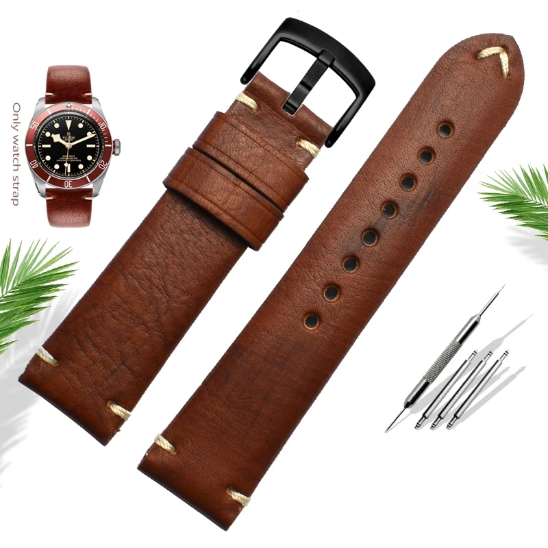 For TUDOR Seiko Hamilton Longines Citizen Watchband High Quality Cowhide Men's Wristband Vintage Brown Watch Strap 20MM Bracelet